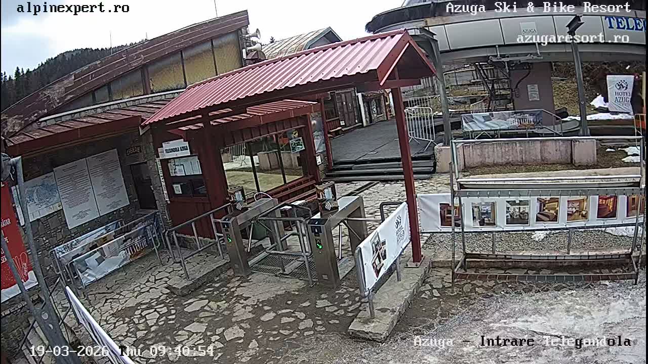Prahova, Azuga Ski Center Telegondola Cable Car Lower Station Boarding Turnstile Area , Azuga Live Cam - Azuga, Prahova, Romania