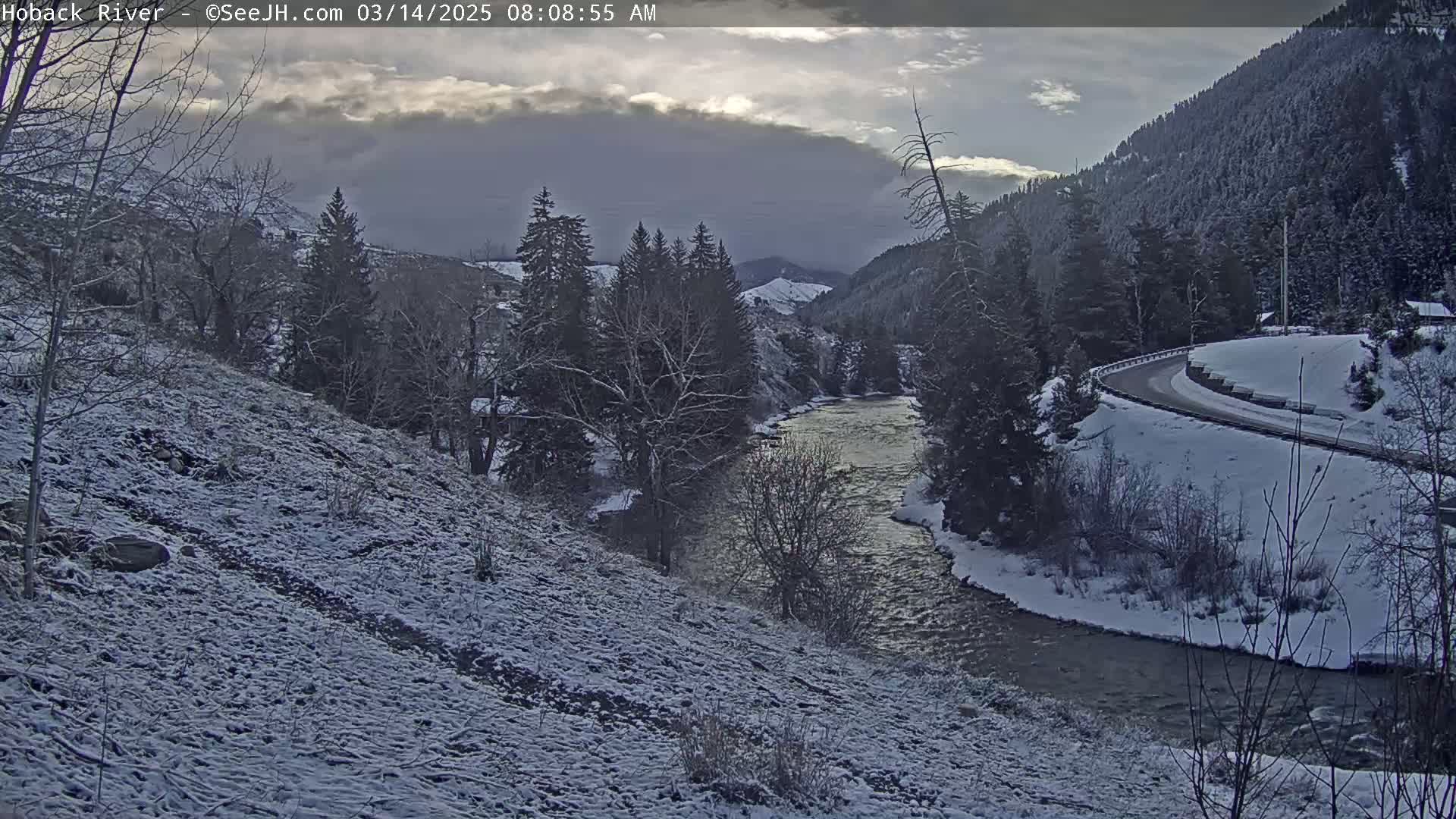 A snow-covered hillside overlooks a river winding through a valley of snow-dusted evergreen trees under a cloudy sky.