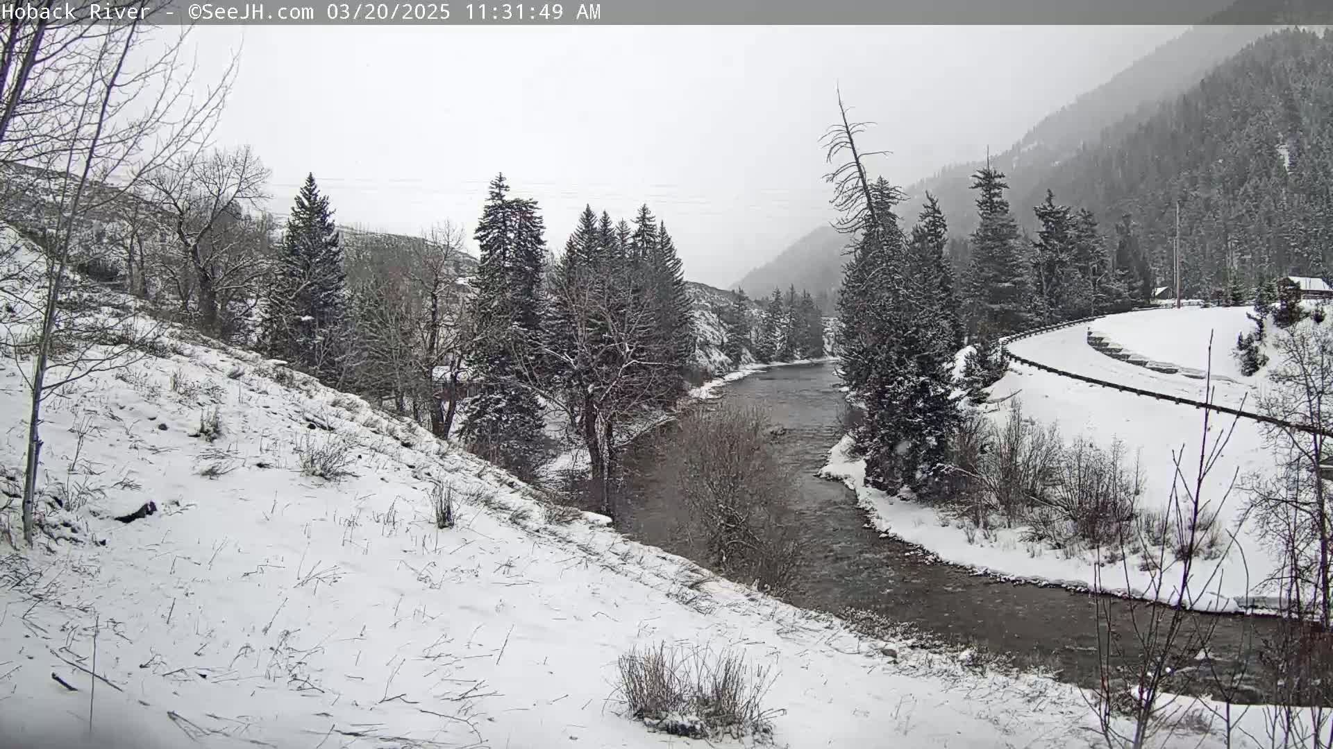 A snow-covered landscape shows a river winding through a valley of snow-dusted evergreen trees under a gray, overcast sky.