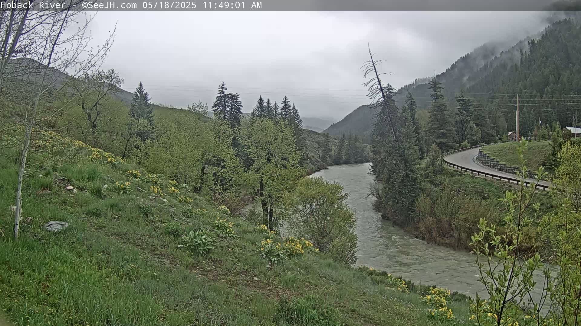 A cloudy day reveals a river flowing through a valley of green hills and trees, with a road curving along the riverbank.