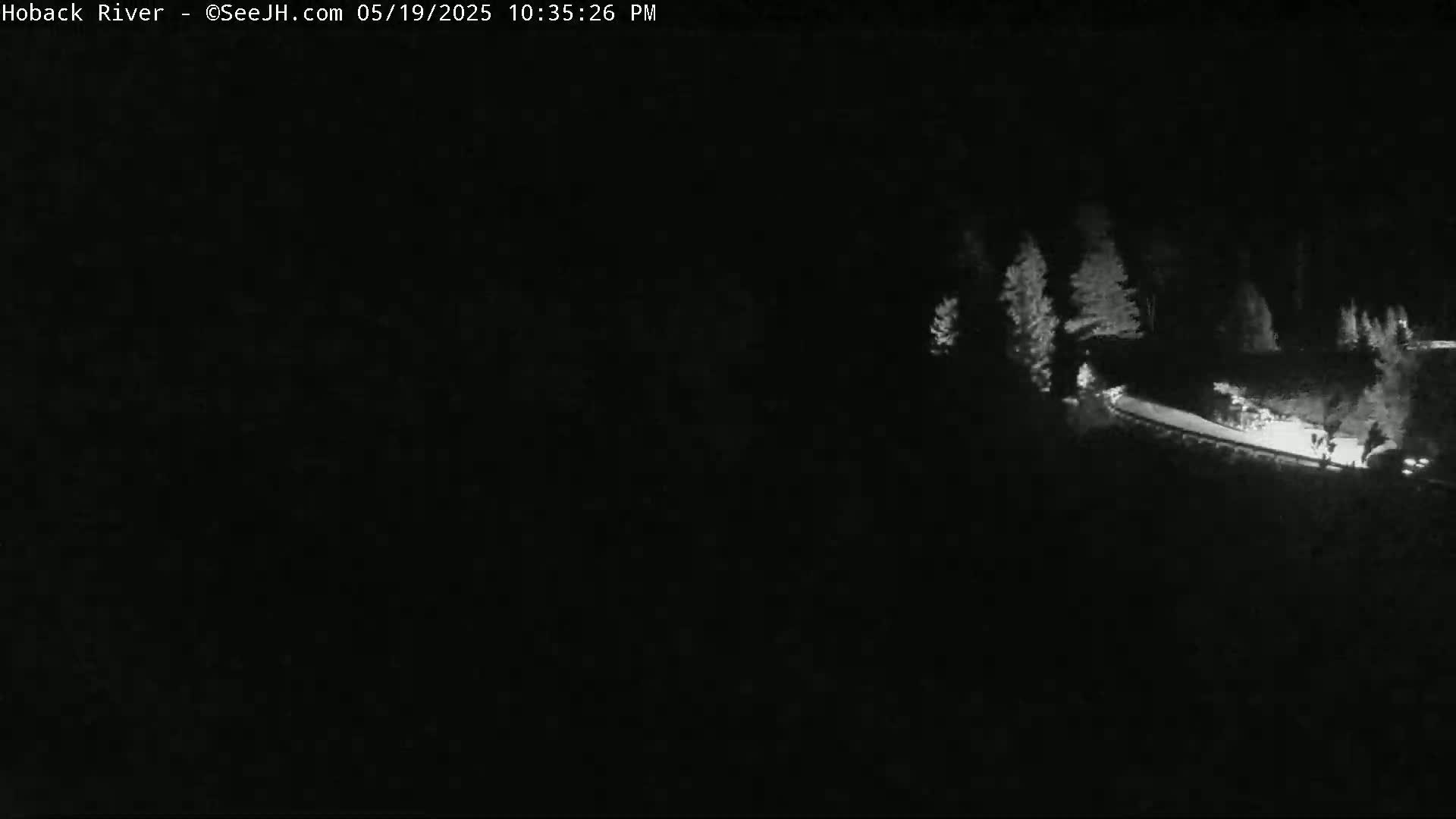 A nighttime, low-light view shows a paved road curving through a dark area with some trees, illuminated by artificial light.