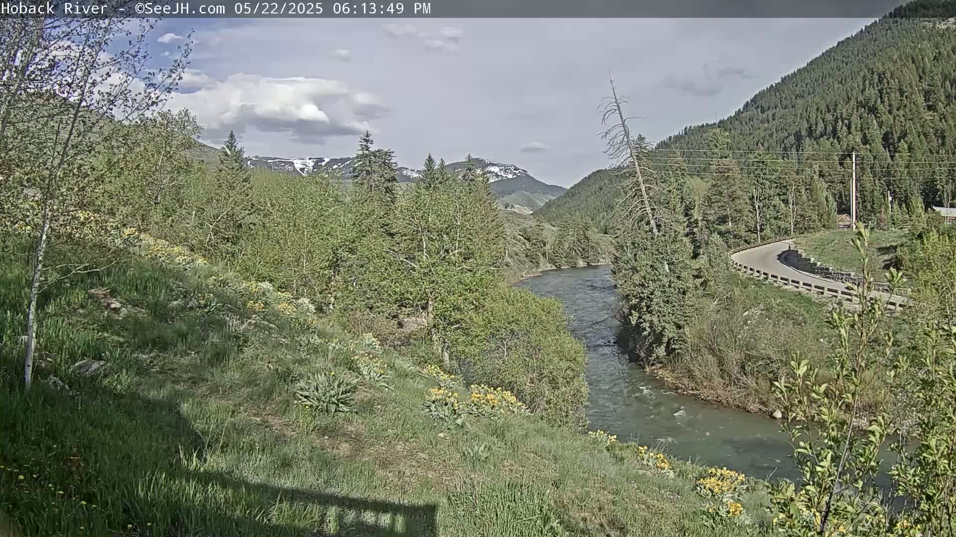 A partly cloudy day reveals a winding river snaking through a lush green valley, bordered by mountains with patches of snow, and a road curving along the riverbank.