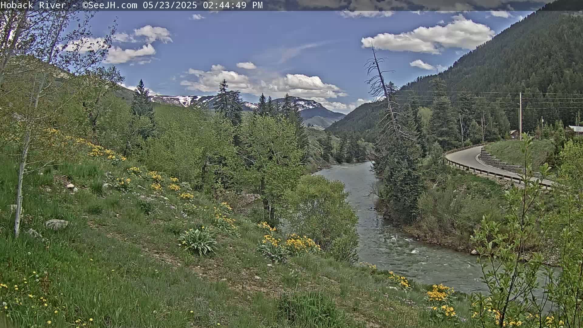 A partly sunny day reveals a winding river flowing through a lush green valley, bordered by a paved road and mountains with patches of snow.