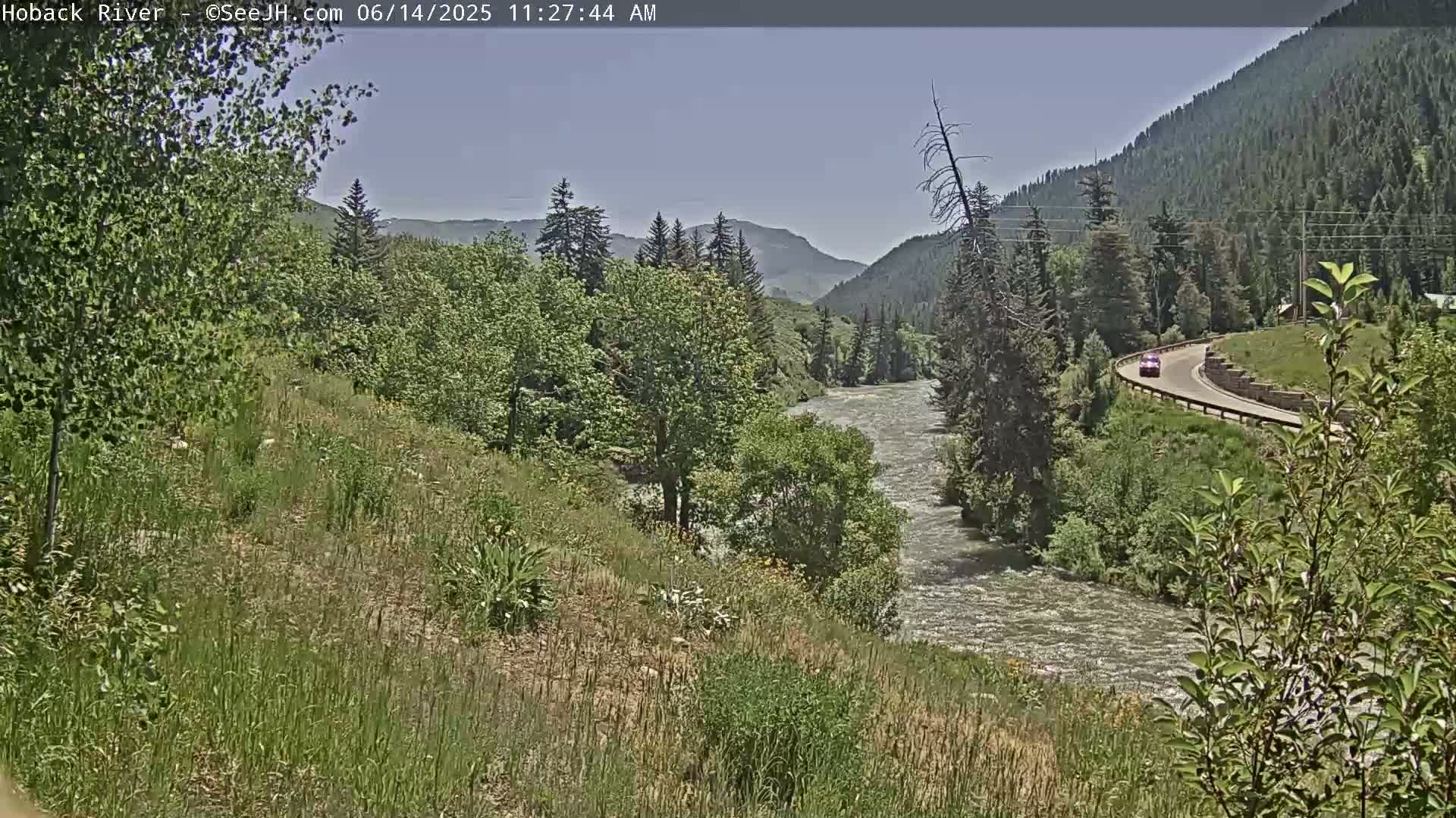 A fast-flowing river curves through a lush green valley under a clear, sunny sky, with a road and a single vehicle visible in the distance.
