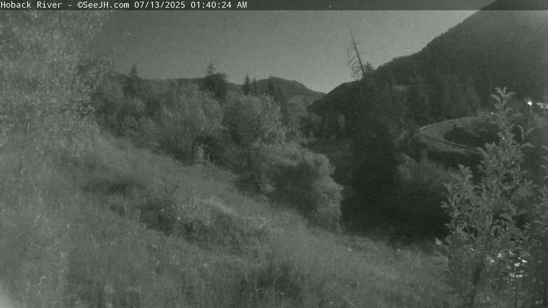 A nighttime, low-light view of a hilly landscape with vegetation and a winding road visible in the distance.