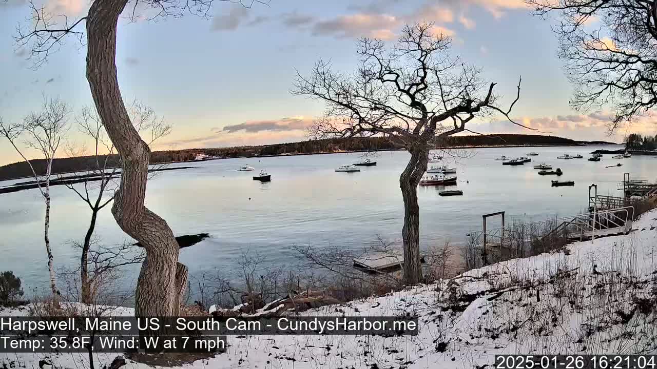 A snow-covered shoreline overlooks a calm bay with numerous boats, under a partly cloudy, sunset sky.