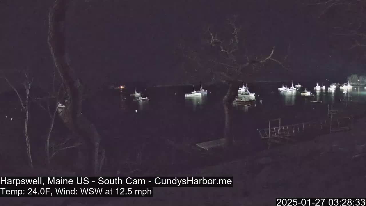 At night, several boats are moored in a dark harbor under a clear sky with a wind blowing from the west-southwest at 12.5 mph and a temperature of 24°F.
