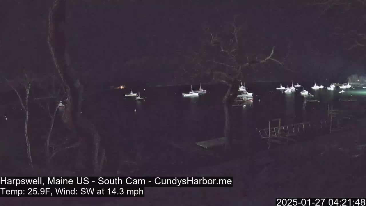 At night, under a dark sky with a southwest wind of 14.3 mph and a temperature of 25.9°F, numerous boats are moored in a calm body of water, viewed from a shoreline with dark trees.