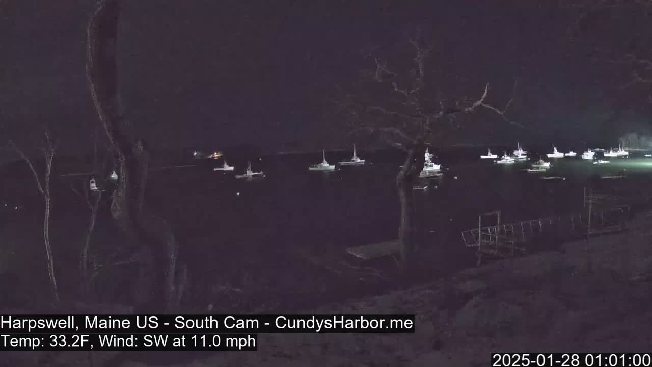 A nighttime view of numerous boats moored in calm water under a dark sky, with a southwest wind of 11 mph and a temperature of 33.2°F.