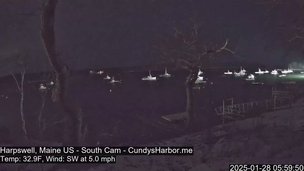 Numerous boats are moored in a dark harbor at night under a partly cloudy sky, with a gentle southwest wind.
