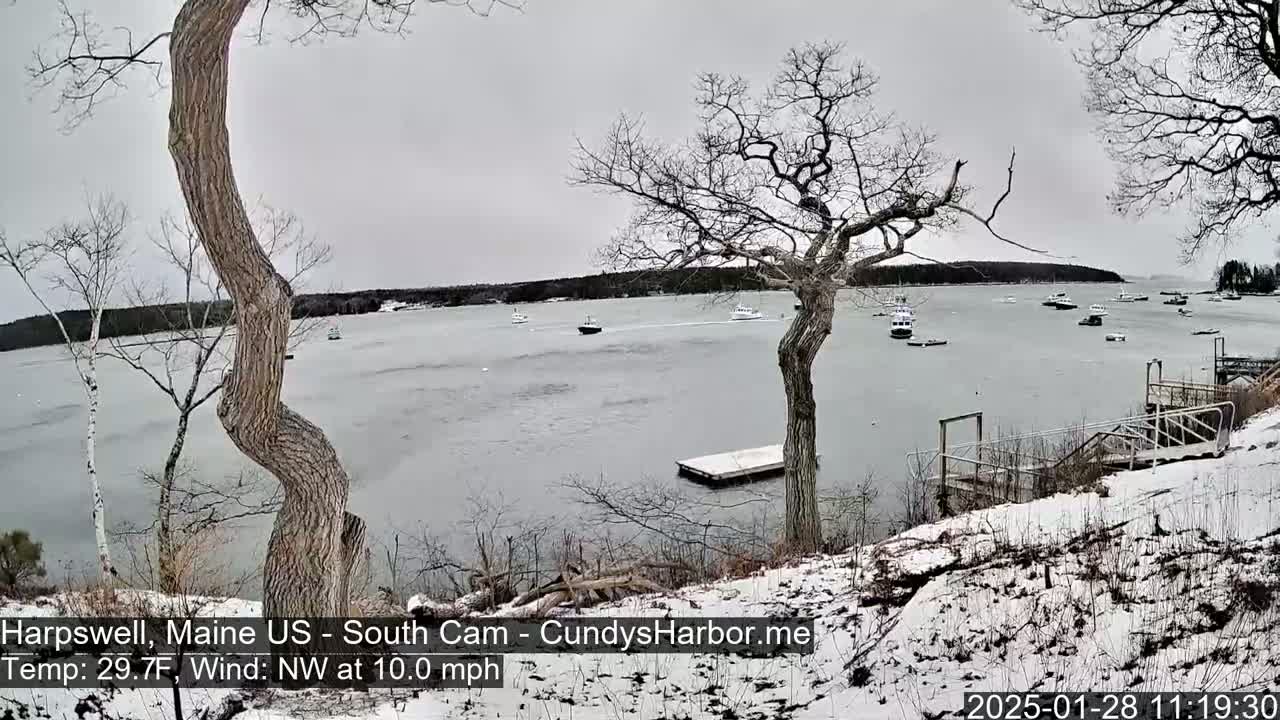 A snow-covered shoreline with several boats on a calm, gray body of water, under an overcast sky.