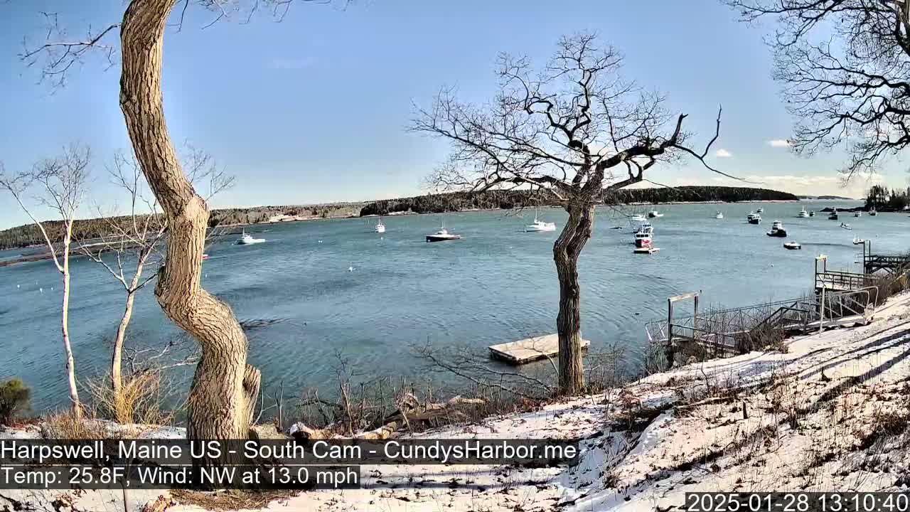 A partially snow-covered shoreline with bare trees overlooks a calm bay containing several boats under a clear, sunny sky.