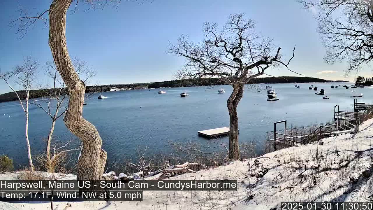 A snow-dusted shoreline with leafless trees overlooks a calm bay containing several small boats on a sunny day.