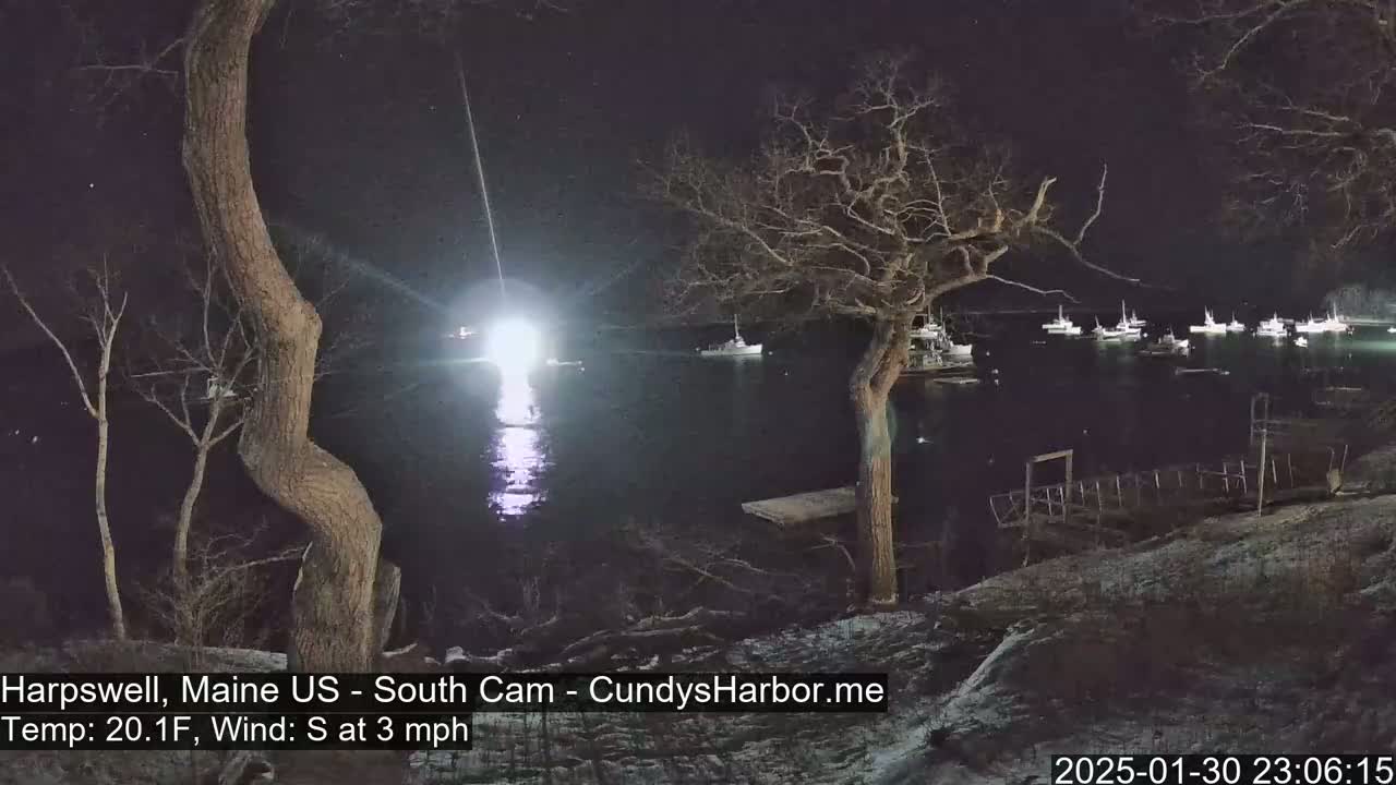 At night, a body of water with several boats is visible from a snow-dusted shoreline, with bare trees in the foreground under a dark sky.