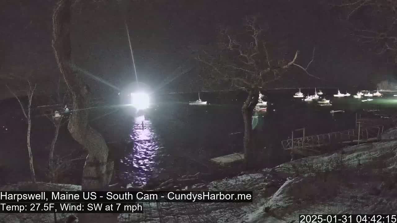 A nighttime view of numerous boats moored in a harbor under a dark sky with a southwest wind at 7 mph and a temperature of 27.5°F.