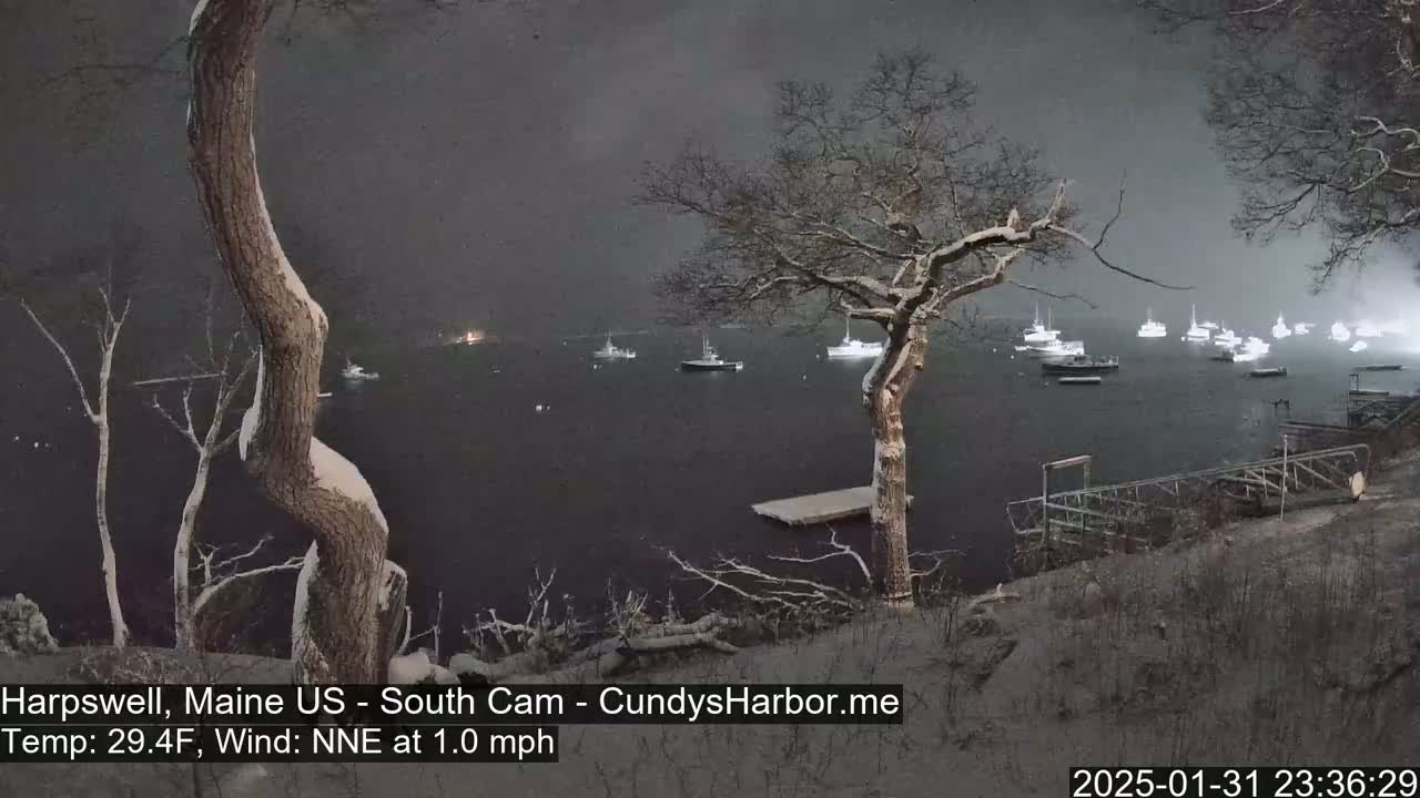 A snow-covered landscape overlooks a harbor filled with boats under a dark, snowy sky.