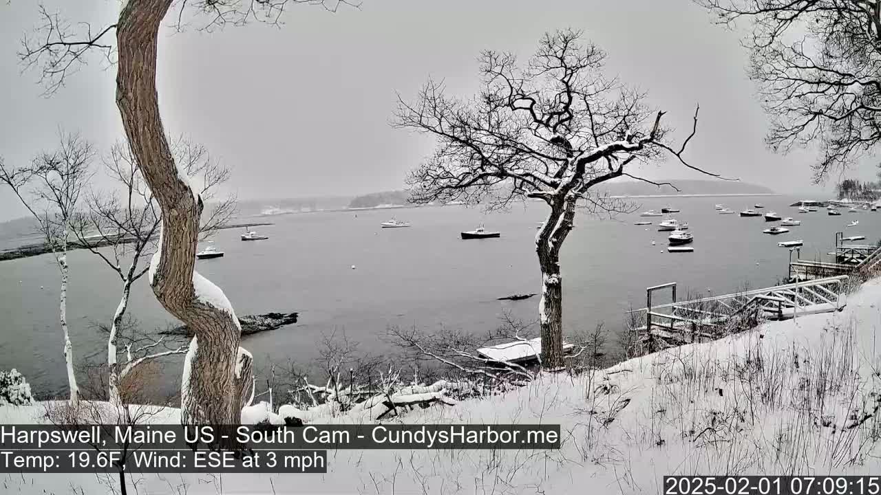 A snow-covered landscape shows a calm bay with several boats, viewed from a snow-covered shoreline with leafless trees.