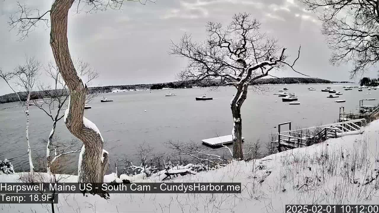 A snow-covered shoreline with several boats in a calm bay under an overcast sky.