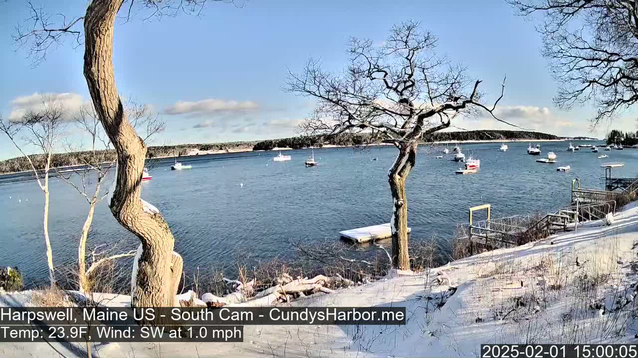 A snow-covered shoreline overlooks a calm body of water with several boats, under a clear, sunny sky.