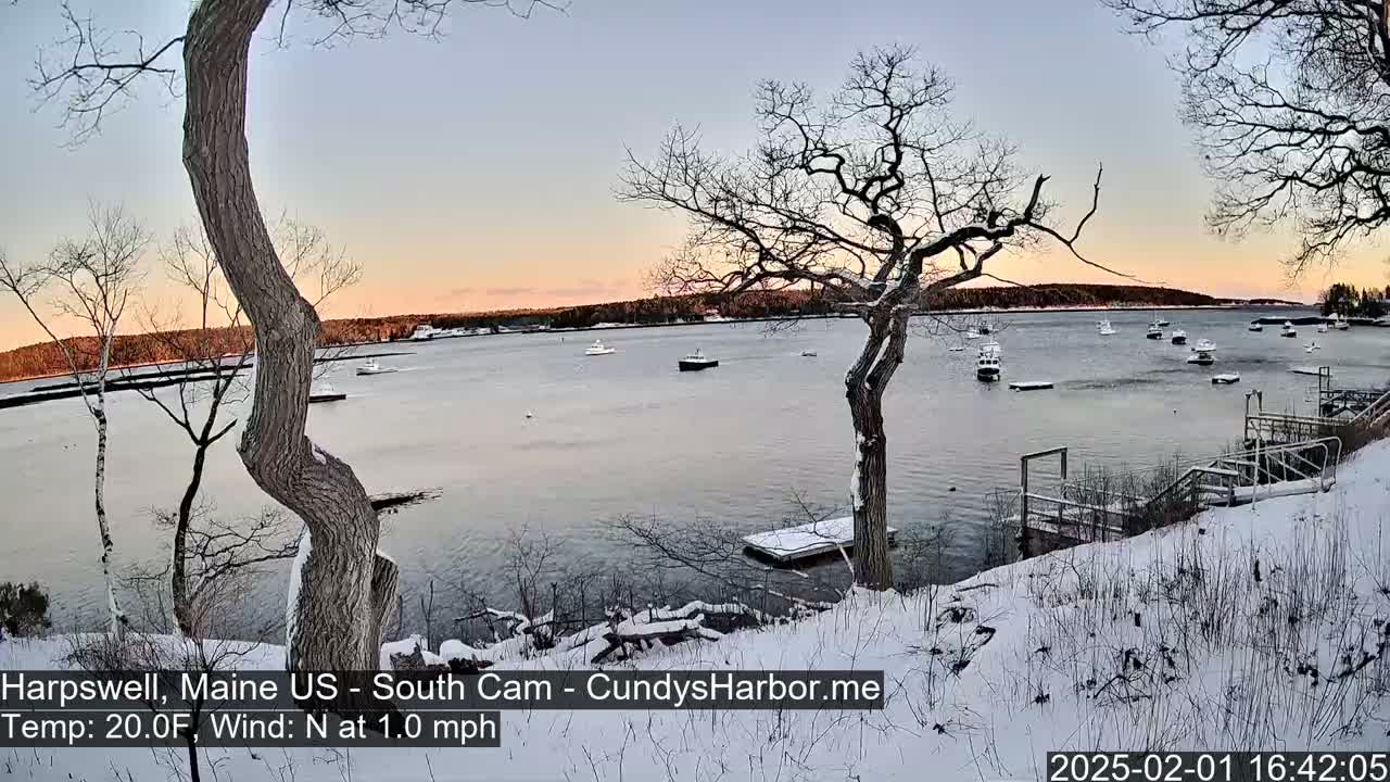 A snow-covered shoreline with leafless trees overlooks a calm bay where several boats are anchored, under a pale sunset sky.