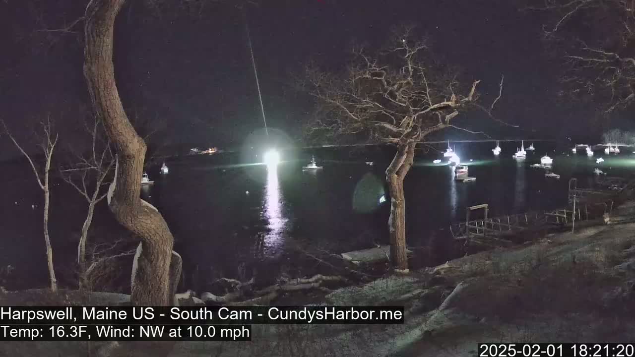 A nighttime view of a harbor with numerous boats illuminated, seen from a snow-dusted shoreline under a clear, dark sky with a northwest wind.