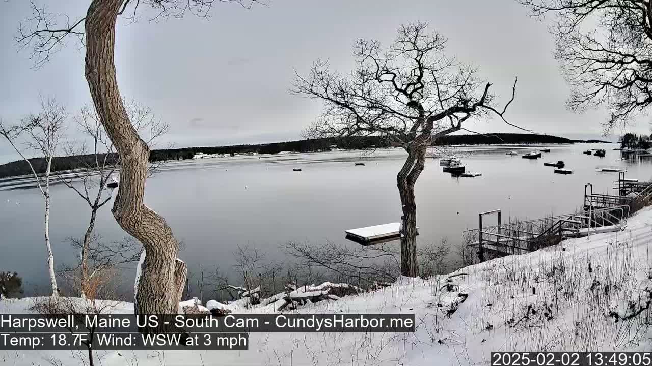 A snow-covered shoreline overlooks a calm bay with several boats, under a gray sky.