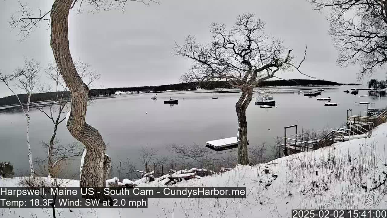 A snow-covered shoreline overlooks a calm bay with several boats, under an overcast sky.