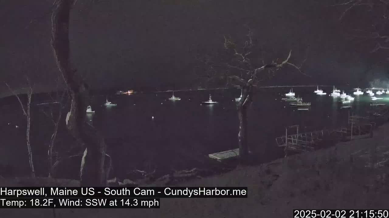 Numerous boats are moored in a dark harbor at night under a clear sky, with a south-southwesterly wind blowing at 14.3 mph and a temperature of 18.2°F.
