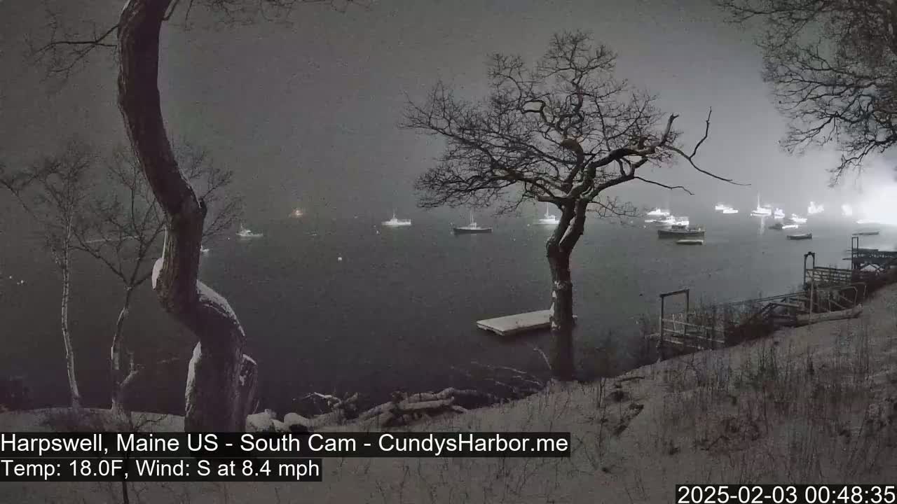 A snowy, nighttime scene shows a calm body of water with several boats at anchor, viewed from a snow-covered shoreline with bare trees.