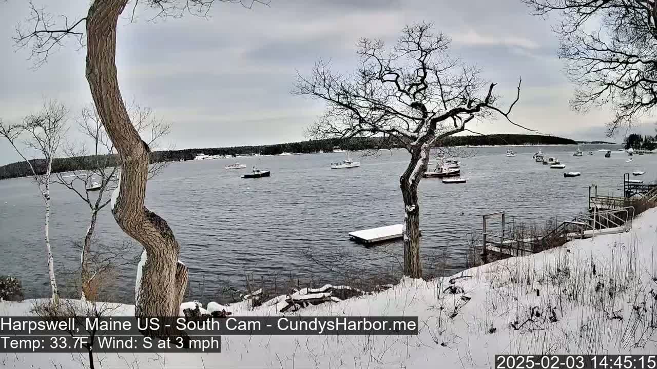 A snow-covered shoreline with several boats on a calm body of water under a cloudy sky.