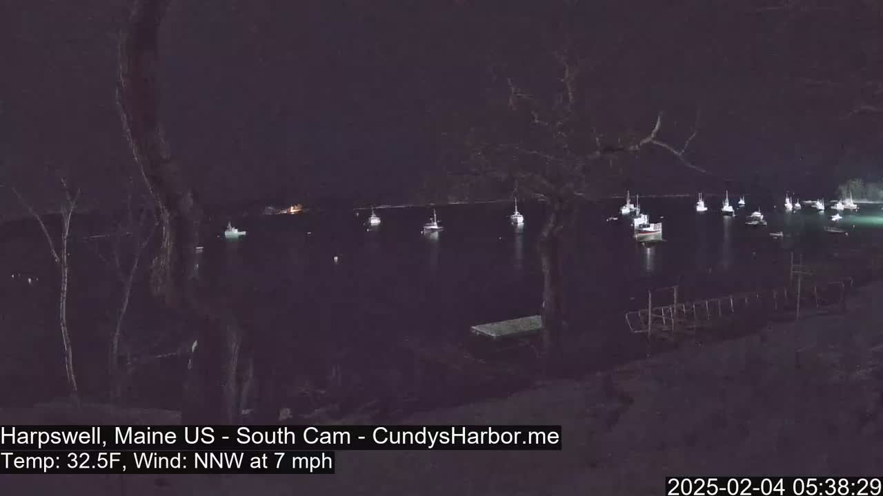 A nighttime view of a harbor with numerous boats at anchor under a dark sky, with a 7 mph north-northwest wind and a temperature of 32.5°F.