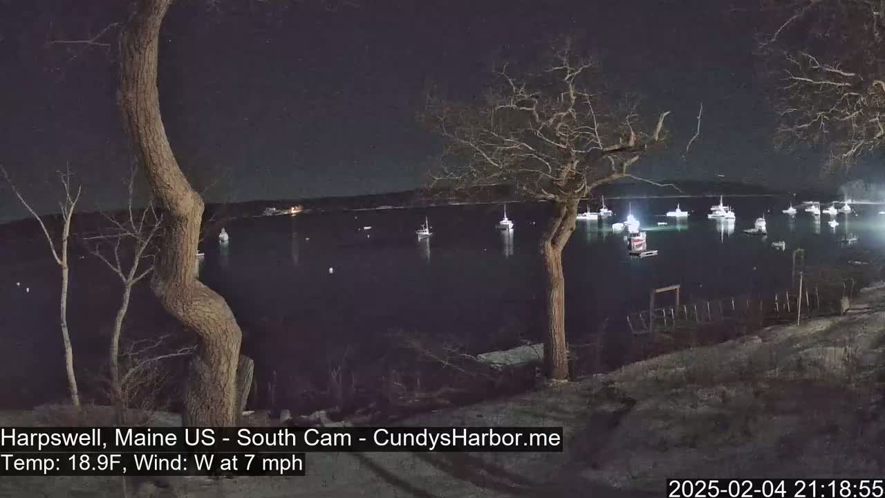 At night, several boats are moored in a calm body of water under a dark sky, viewed from a snow-dusted shoreline with leafless trees.