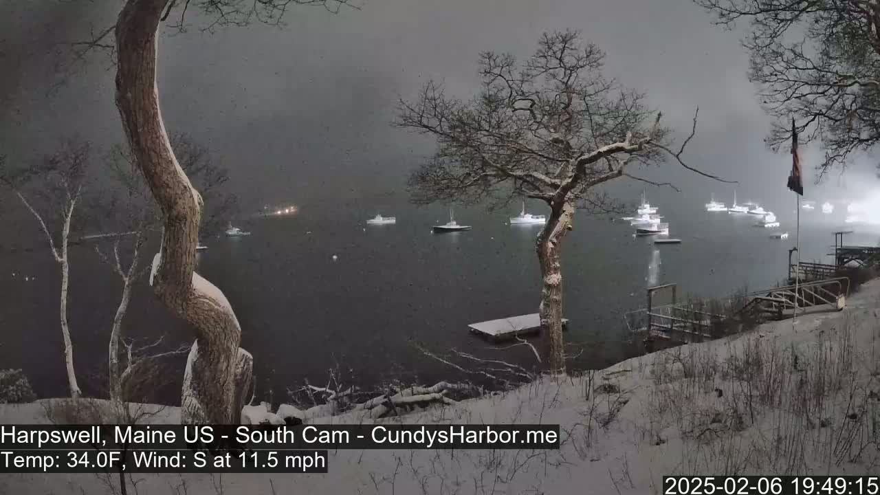A snow-covered shoreline with several boats in a harbor during a light snowfall.