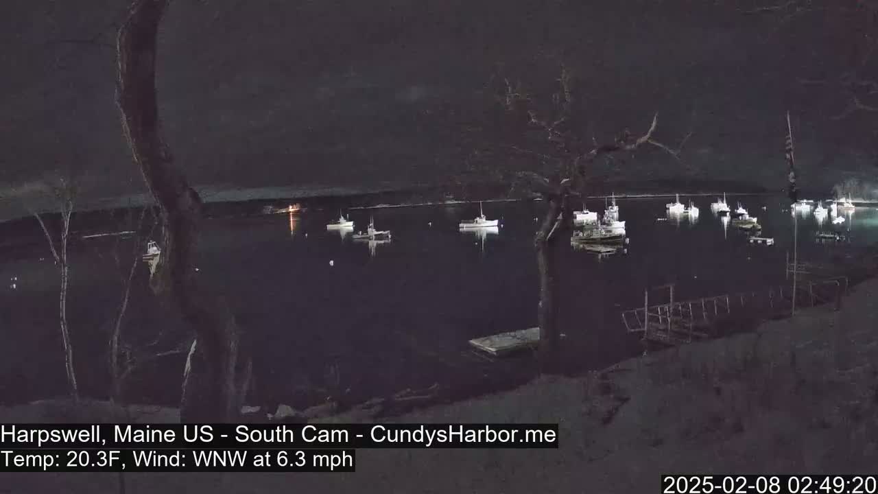 A nighttime view of a harbor with several boats moored, under a dark sky with light snowfall and a WNW wind.