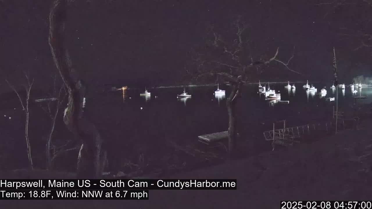A nighttime view of a harbor with numerous boats at rest under a clear, starry sky, a light north-northwest wind blowing.