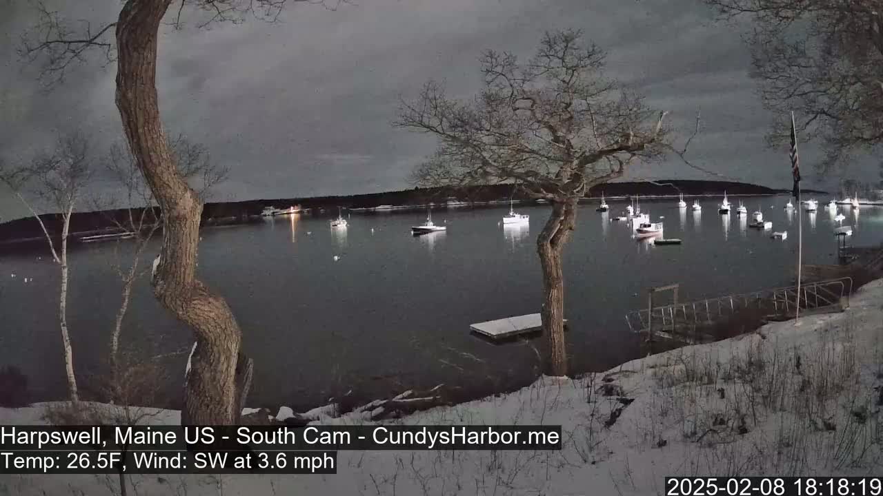 A snow-covered shoreline at night overlooks a calm harbor with numerous boats, under a dark, overcast sky.
