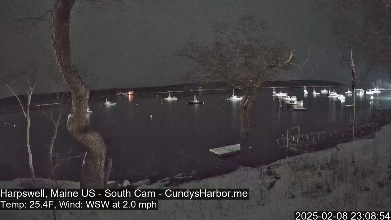 A nighttime view of a snow-covered shoreline with numerous boats moored in a dark, calm harbor under a cloudy sky.