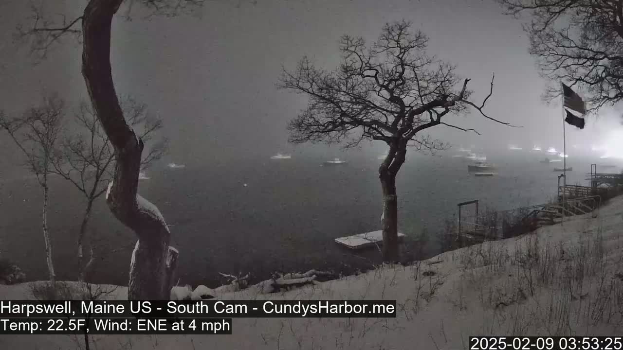 A snow-covered shoreline with several boats on the water in the distance, under a dark, snowy sky.