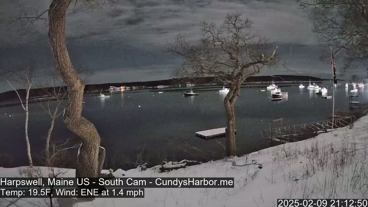A snow-covered shoreline at night overlooks a calm harbor with several boats, under a dark, cloudy sky.