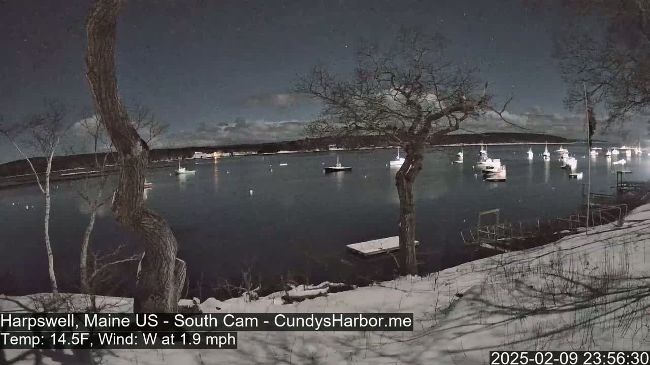 A snow-covered shoreline at night shows a calm harbor with several boats moored under a partly cloudy, starry sky.