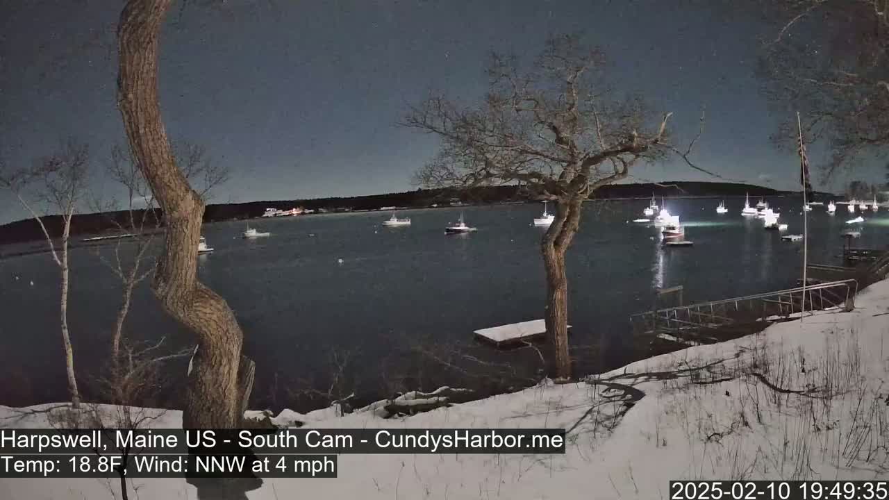 A snow-covered shoreline at night shows numerous boats in a calm harbor under a clear, dark sky.