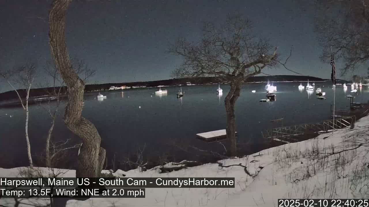 A snow-covered shoreline at night shows a calm body of water with numerous boats moored, under a clear, dark sky.