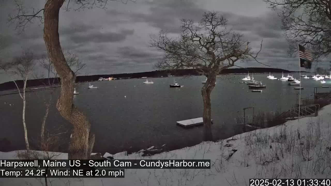 A snow-covered shoreline at night overlooks a calm harbor with numerous boats under a cloudy sky.