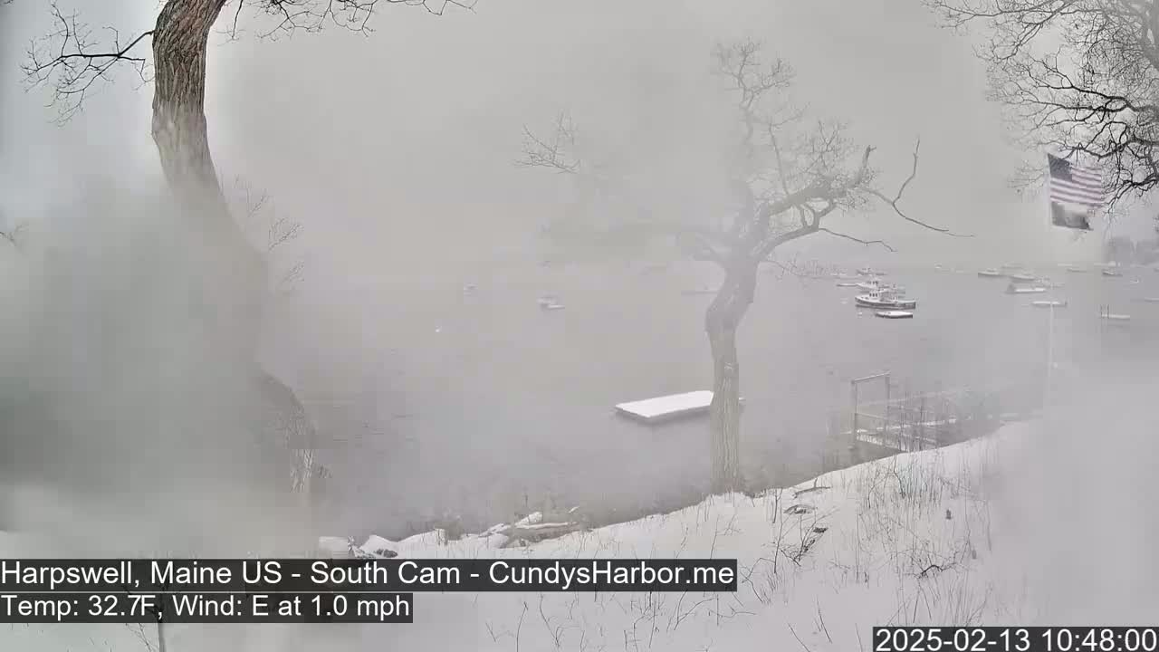 A snow-covered shoreline with several boats on a foggy harbor, viewed through a hazy atmosphere.