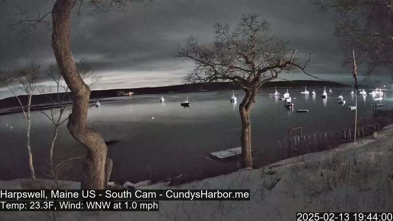 A nighttime view of a harbor with numerous boats, under a cloudy sky and light snow on the ground.