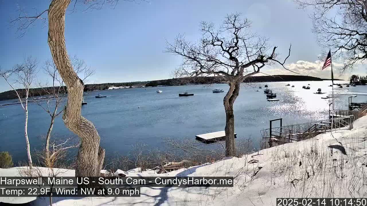 A sunny, partly cloudy day with snow on the ground and a northwest wind shows a calm bay with several boats, viewed from a snow-covered shoreline with bare trees and a wooden dock.