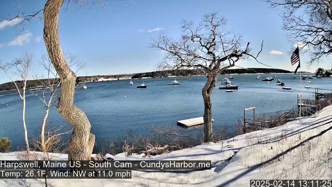 A snow-covered shoreline with bare trees overlooks a calm body of water where several boats are moored under a sunny sky with a light northwest wind.