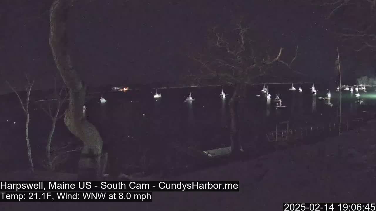A nighttime view of numerous boats moored in a calm harbor under a starry sky, with a wind of 8 mph from the west-northwest and a temperature of 21.1°F.