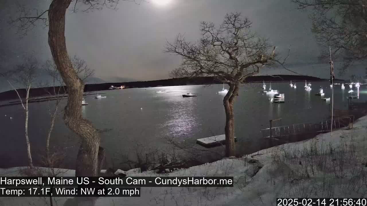 A moonlit harbor scene at night with numerous boats and a snow-covered shoreline under a partly cloudy sky.