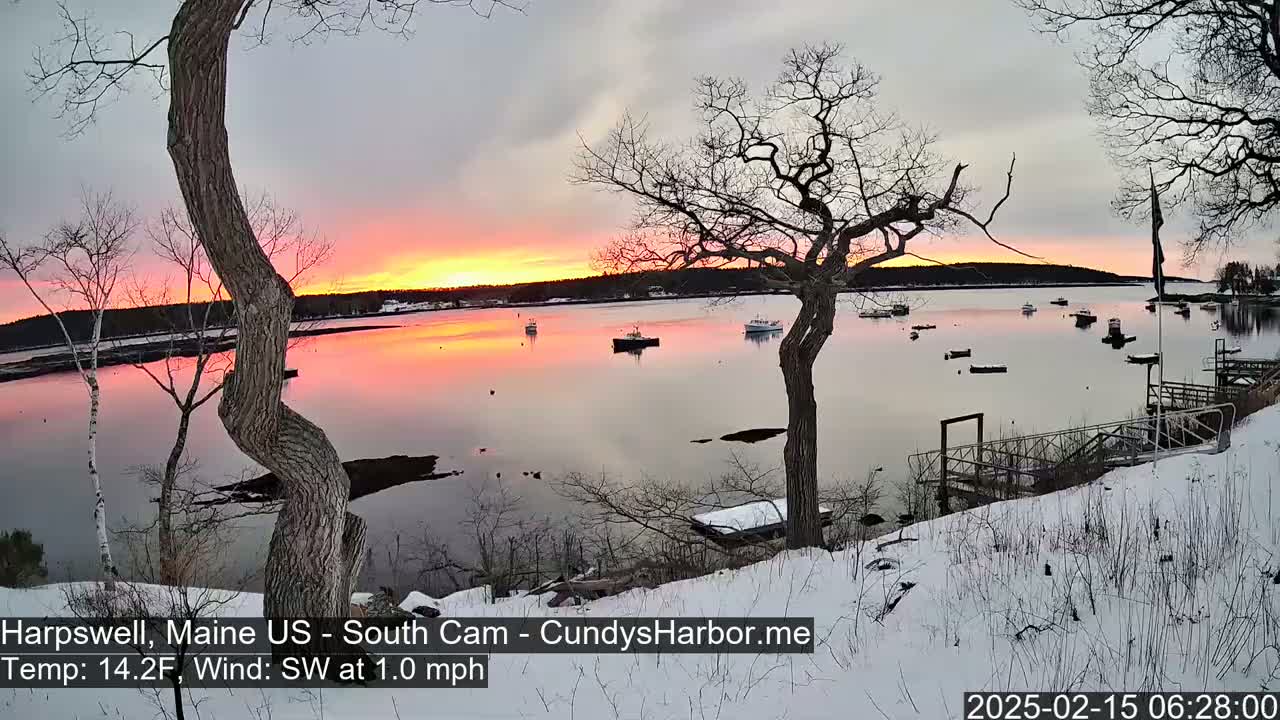 A pink and orange sunrise over a calm bay with several boats, viewed from a snow-covered shoreline with bare trees.